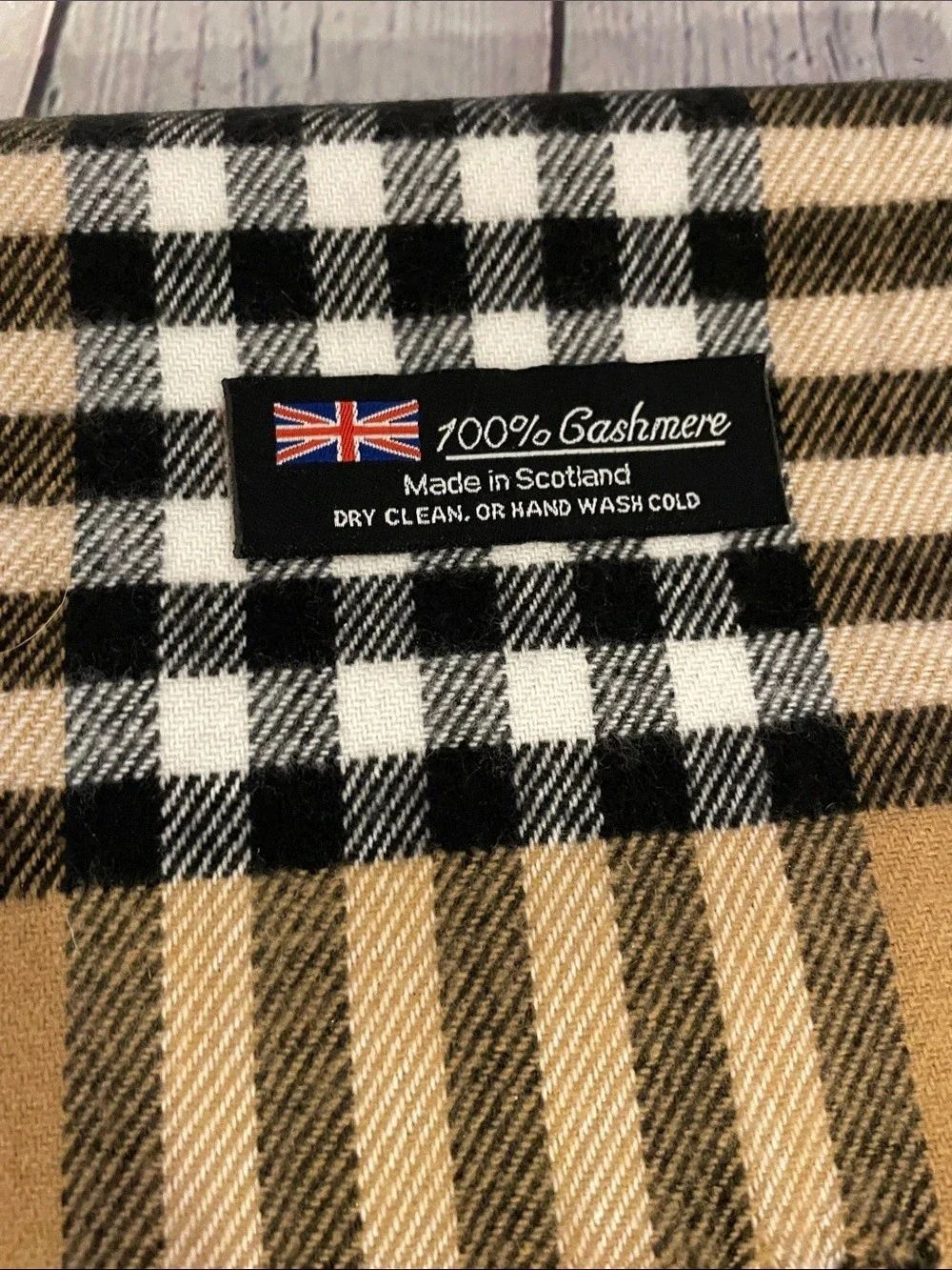 100% Cashmere Scarf in Brown & Black Large Plaid pattern • NEW